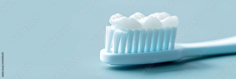 Close-up of toothbrush with toothpaste on light blue background with space for text. Dental health care concept Close-up of toothbrush with toothpaste on light blue background with space for text. Dental health care concept