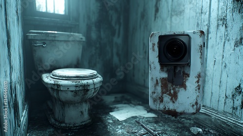Unusual Bathroom Scene Featuring a Vintage Camera in an Abandoned Setting