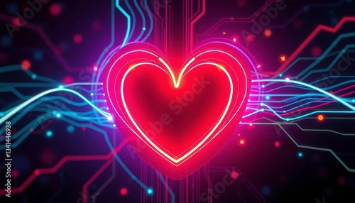 Abstract glowing lines forming a stylized heart, futuristic digital technology theme, illustration, texture