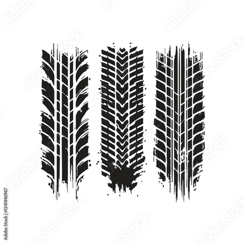 set collection black dirty tire tracks stock illustration flat design.