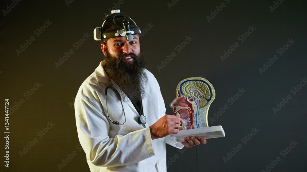 Bearded surgeon explain pharynx model at science institute
