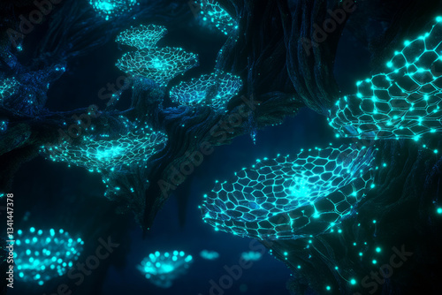 A bioluminescent 3D background where hexagonal grids resemble deep-sea organisms emitting soft, organic blue-green light. The combination of futuristic technology and natural bioluminescence creates a