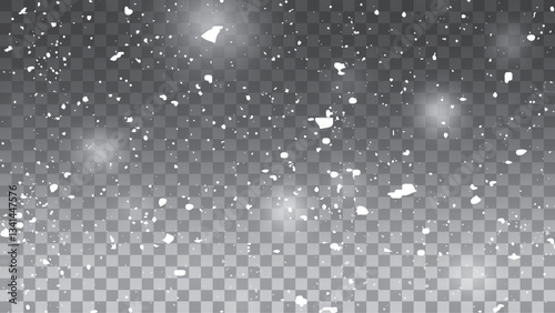 Snow and snowflakes on transparent background. Winter snowfall effect of falling white snow flakes and shining