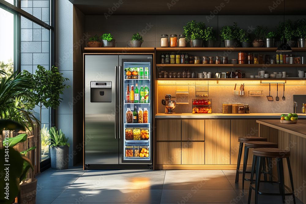 a refrigerator with a door open in a kitchen with a potted plant on the counter and a potted plant on the shelf a refrigerator with a door open in a kitchen with a potted plant on the counter and a potted plant on the shelf