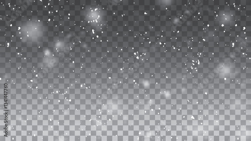 Snow and snowflakes on transparent background. Winter snowfall effect of falling white snow flakes and shining