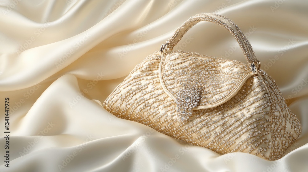 Fototapeta premium A luxurious diamond-studded handbag resting on soft white silk fabric