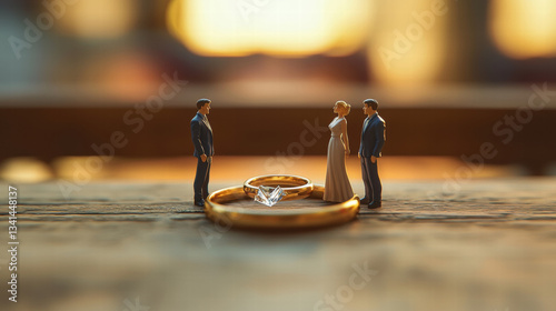 Divorce mediation meeting with lawyer, couple discussing family matters, symbolized by wedding rings and diamond, reflecting hope for children
