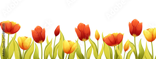 Floral frame, border with red spring tulips. Horizontal botanical panorama, vector template for design