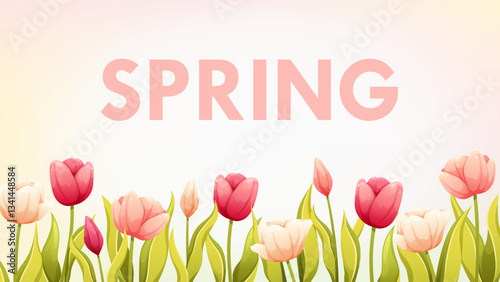 Floral background with tulips and the inscription Spring. Delicate banner with flowers, template for design. Vector gradient bg