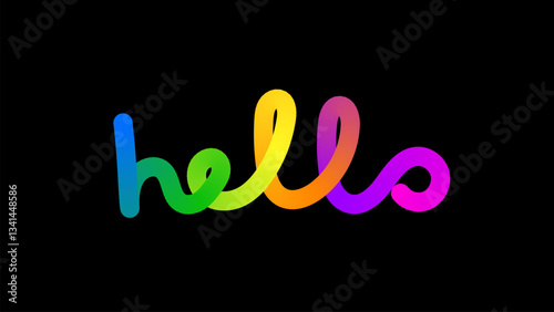 Rainbow Hello lettering on black background. Abstract colorful lines with positive vibe. Iridescent gradient pattern, vector elements for design