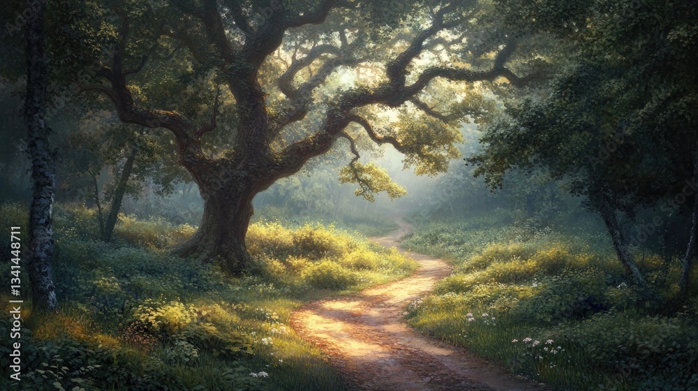 Obraz premium A magical forest road with an ancient tree at the center, bathed in mystical light