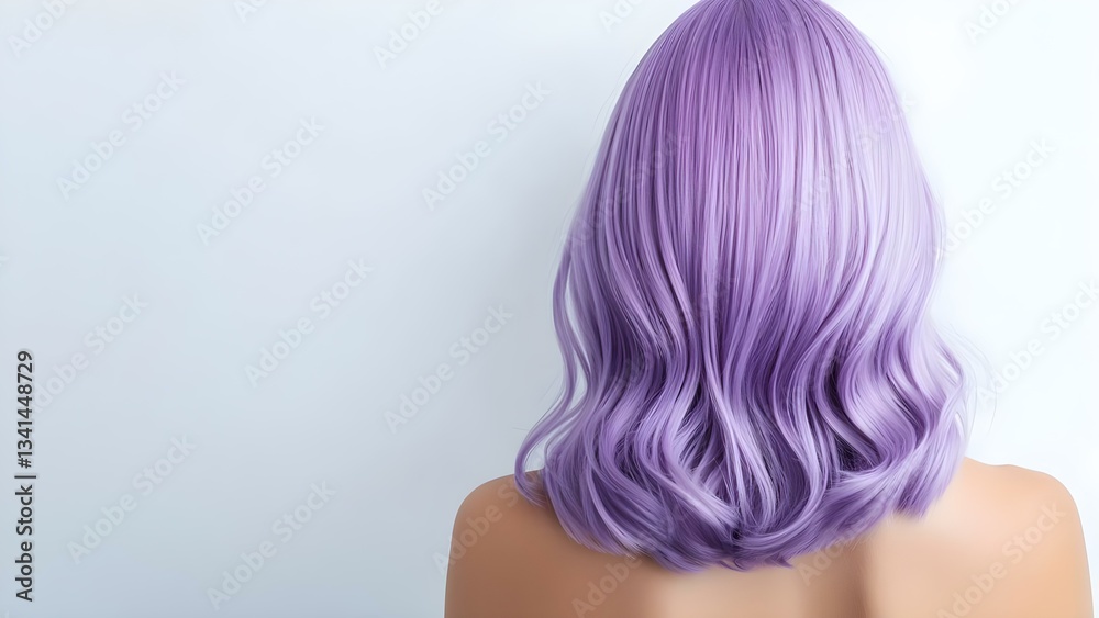 A person with long, wavy lavender hair, viewed from the back against a light background. Concept Lavender Hair, Wavy Locks, Back View Portrait, Light Background, Artistic Photography A person with long, wavy lavender hair, viewed from the back against a light background. Concept Lavender Hair, Wavy Locks, Back View Portrait, Light Background, Artistic Photography