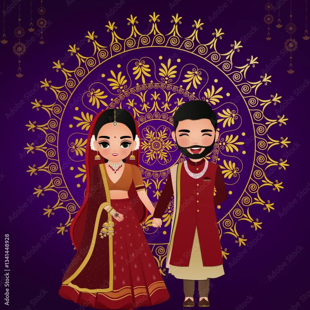 Indian Wedding Ceremony, Sangeet Bride and Groom – Vibrant Indian Wedding Animated -Greeting  Elegant Shubh Vivah Theme	