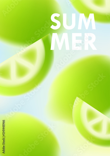 Fruity summer lime poster. Asian style mash gradient with citrus fruits on pastel background. Vector juicy banner