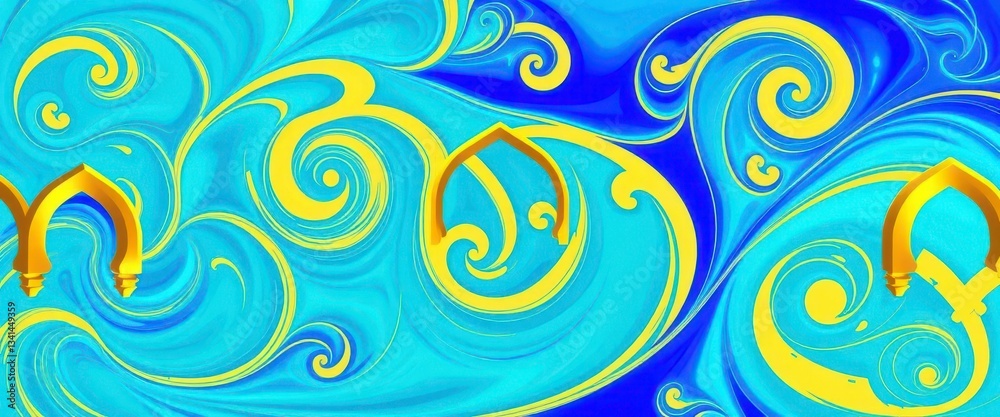 Abstract swirling teal and blue patterns with golden arches, Islamic architectural inspiration, motif, classic Abstract swirling teal and blue patterns with golden arches, Islamic architectural inspiration, motif, classic