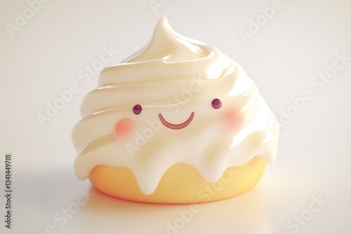 A cute cartoon depiction of a pastry topped with creamy frosting and a happy face.