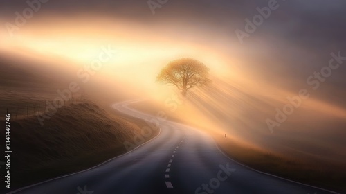A misty morning road with a single tree in the middle, sunbeams breaking through the fog photo