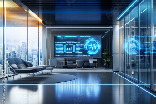 A sleek and ultra-modern tech startup office 3D background room with minimalist furniture, massive glass panels displaying real-time data analytics, and futuristic LED lighting. The open space is
