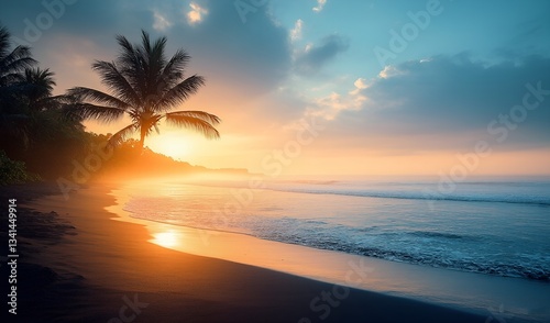 The sunset, palm trees, beaches, and waves from the beach in the middle of the Pacific Ocean