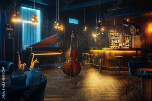 A hidden underground jazz club 3D background room with dim golden lighting reflecting off polished wooden floors, vintage instruments scattered across the stage, a neon-lit bar serving classic
