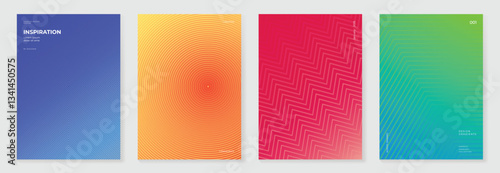 Abstract line wave poster background vector set. Minimalist cover template with vibrant perspective line wave in motion. Ideal design for social media, cover, banner, flyer, music, ads.