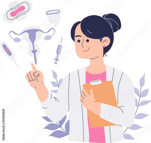 Doctor explaining gynecology with medical tools and female reproductive anatomy, Gynecology concept Illustration