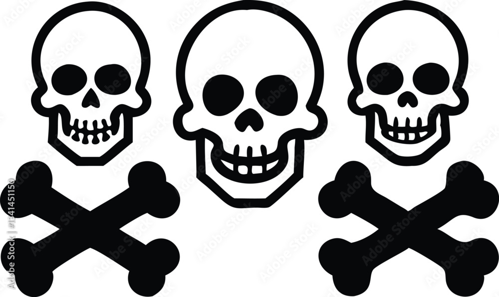 Simple, bold graphic of three skull and crossbones symbols against a plain white background. Simple, bold graphic of three skull and crossbones symbols against a plain white background.