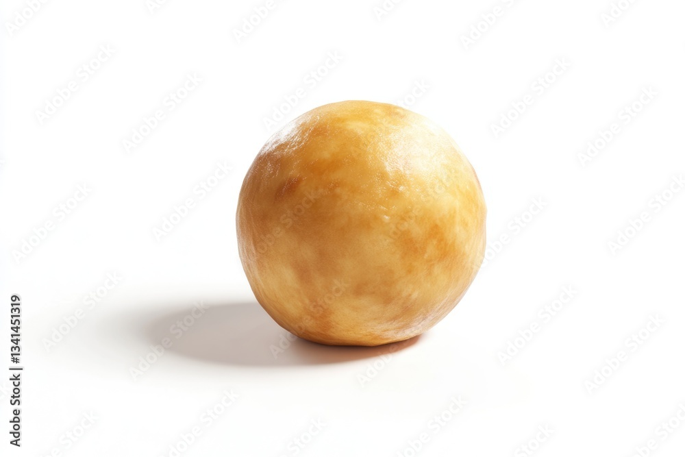 A single, round, pale-yellow dough ball, unbaked, sits on a white background. A single, round, pale-yellow dough ball, unbaked, sits on a white background.
