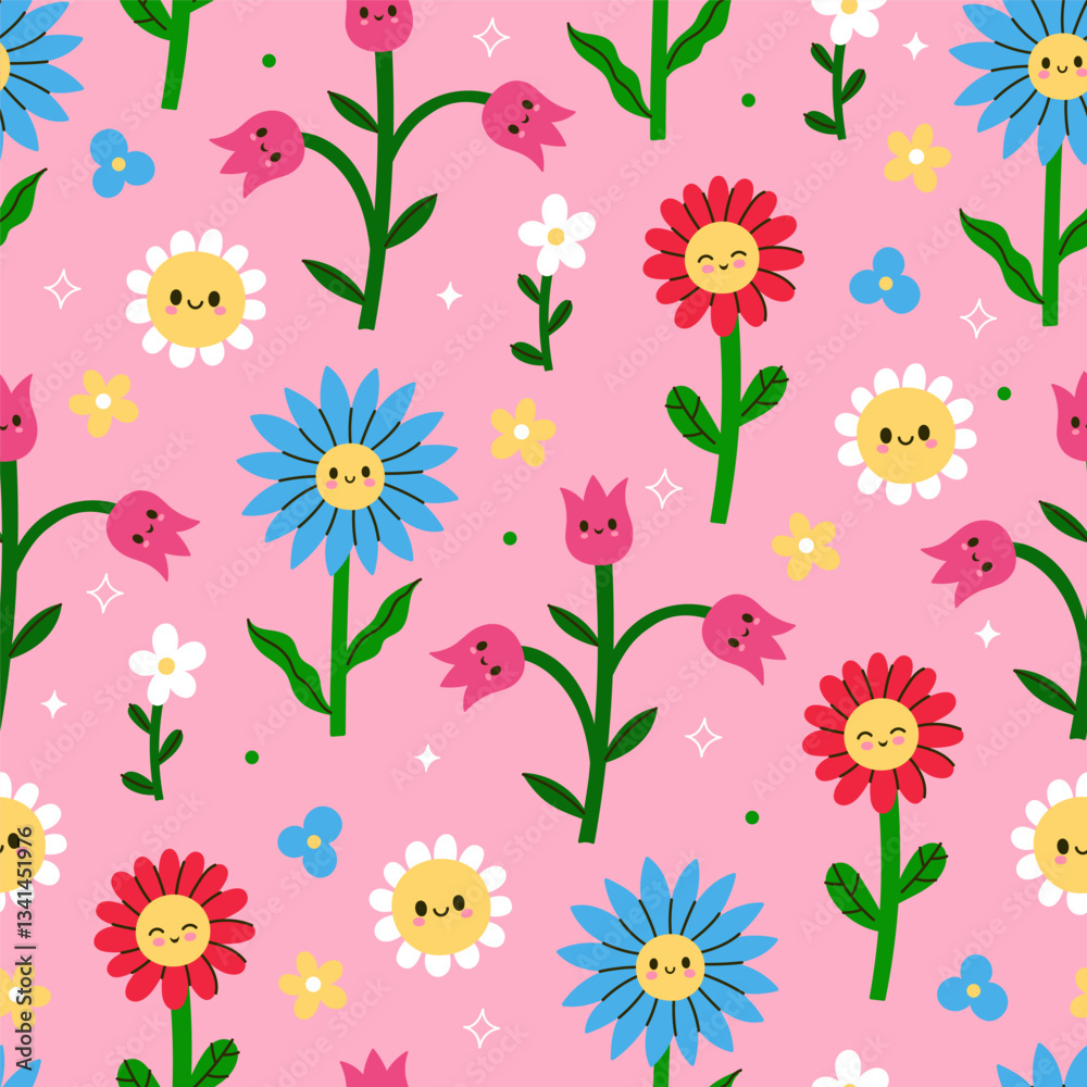 Fototapeta premium Seamless pattern with cute funny flowers. Vector graphics