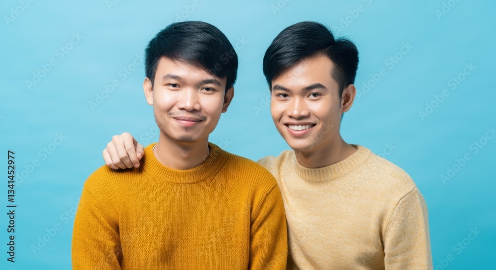 Young asian males smiling together in casual attire against blue background Young asian males smiling together in casual attire against blue background