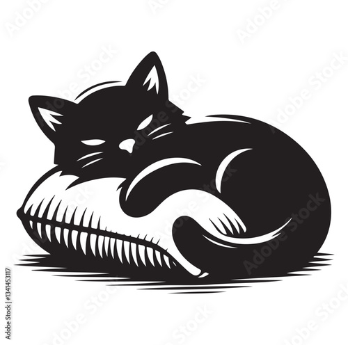 A Cat Sleeping with pillow silhouette vector style on white background.
