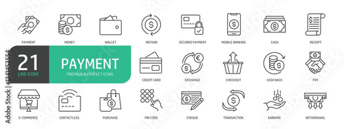 Set Of Payment Line Icons. Contains such icons as Money, Secured Payment, Mobile Banking, Cash, Credit Card, Exchange, Contactless, Cheque, Withdrawall, and more.