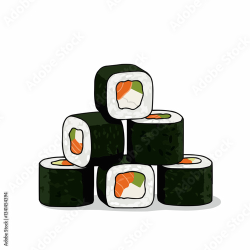 Fresh sushi rolls with colorful ingredients on a clean white background