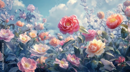 Wallpaper Mural Whimsical Floral Scene with Playful Camellia and Rose Compositions Torontodigital.ca