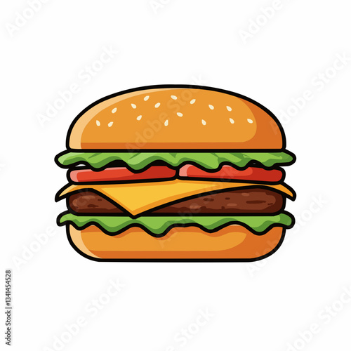 Colorful cartoon hamburger with fresh ingredients on a white background