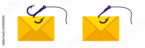 Yellow envelopes are pierced by fishing hooks, representing the dangers of email phishing scams.