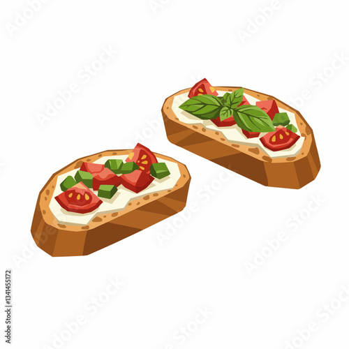Freshly made bruschetta topped with tomatoes and basil on a white background
