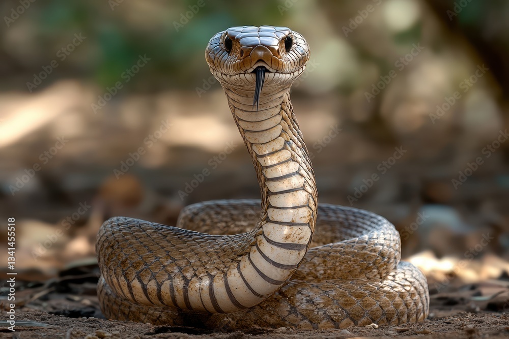 Fototapeta premium Close-Up of a Brown Snake with a Striking Head and Forked Tongue in a Natural Habitat Setting Capturing Intricate Scale Patterns and Textures