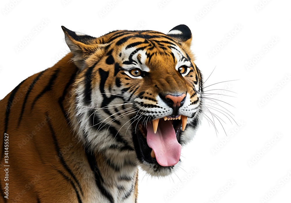 Naklejka premium Zbliżenie na dziką głowę tygrysa z otwartą paszczą. Generative Ai