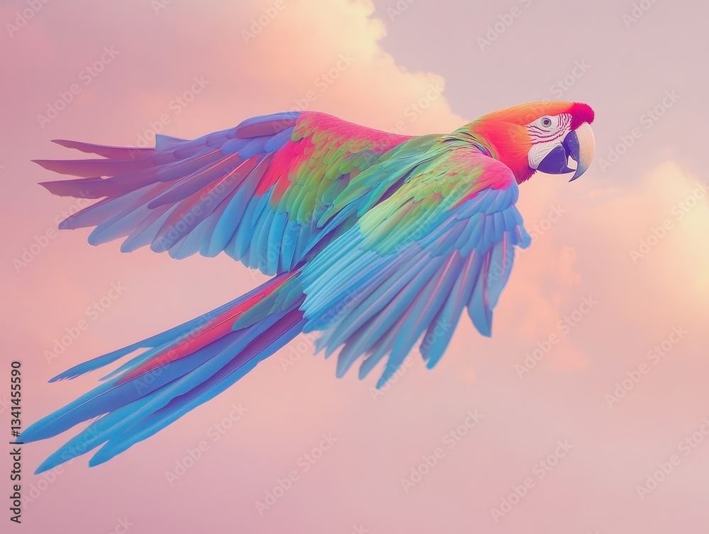 Fototapeta premium Colorful Macaw in Flight Against Soft Pink Sky at Dusk with Vibrant Feathers and Graceful Wings