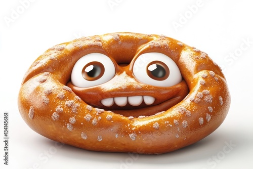 A happy, cartoon pretzel with a smiling face, sprinkled with salt.