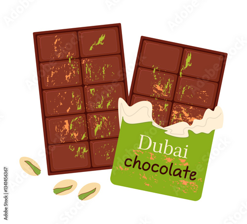 Set of Dubai chocolate bars. Vector illustration chocolate bars with green pistachio pasta, on white background