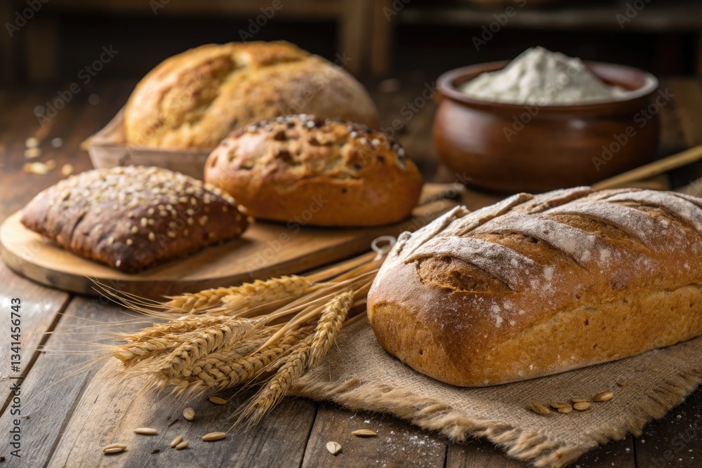 Freshly baked bread assortment on wooden table with flour and wheat