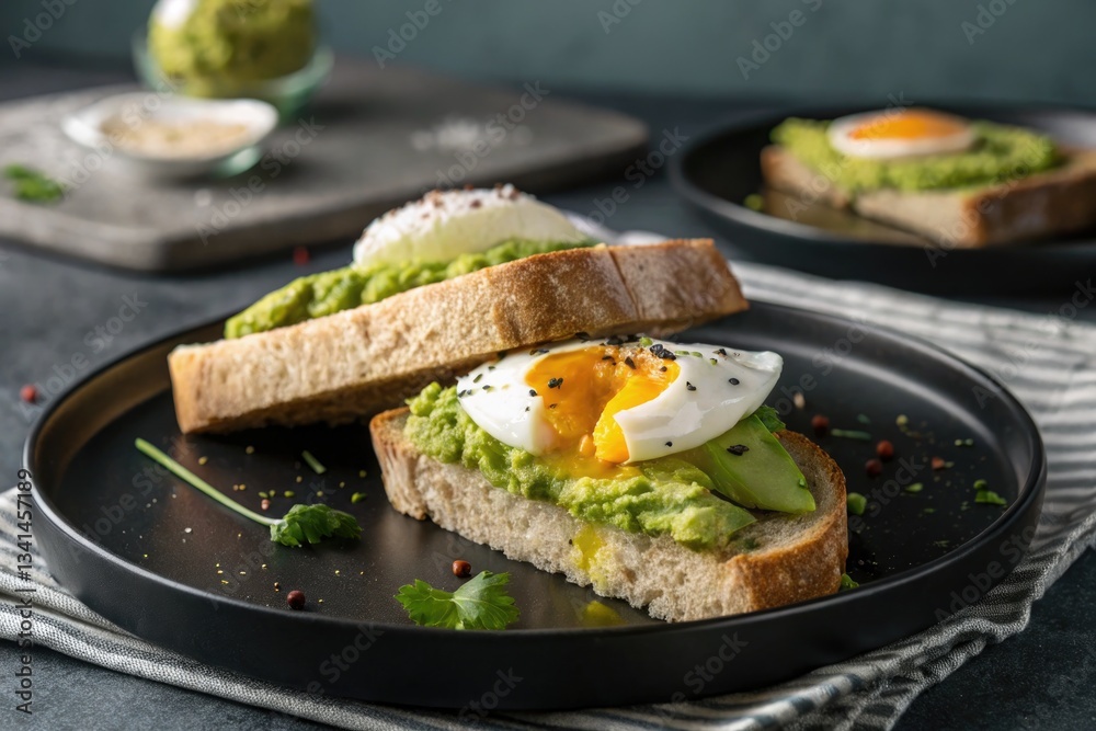 Delicious avocado toast topped with poached egg served on a dark plate Delicious avocado toast topped with poached egg served on a dark plate