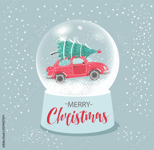 Christmas globe with car and tree in a snowt. Vector illustration new year card.