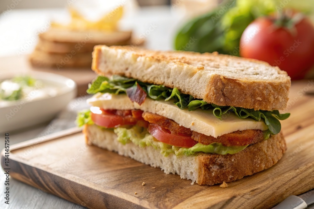 Delicious sandwich made with fresh ingredients on a wooden cutting board in a rustic kitchen Delicious sandwich made with fresh ingredients on a wooden cutting board in a rustic kitchen