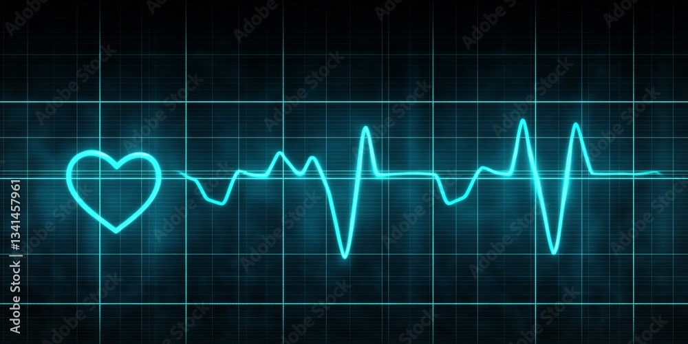 Naklejka premium Cyan Heartbeat Line on Dark Blue Grid, Medical Background, Electrocardiogram EKG or ECG