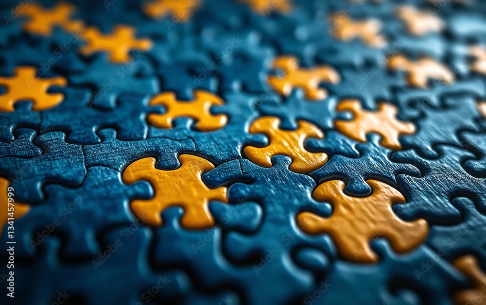 A closeup of a blue puzzle featuring yellow human figure shapes, symbolizing collaboration, teamwork, and unity in a bright, energetic visual A closeup of a blue puzzle featuring yellow human figure shapes, symbolizing collaboration, teamwork, and unity in a bright, energetic visual