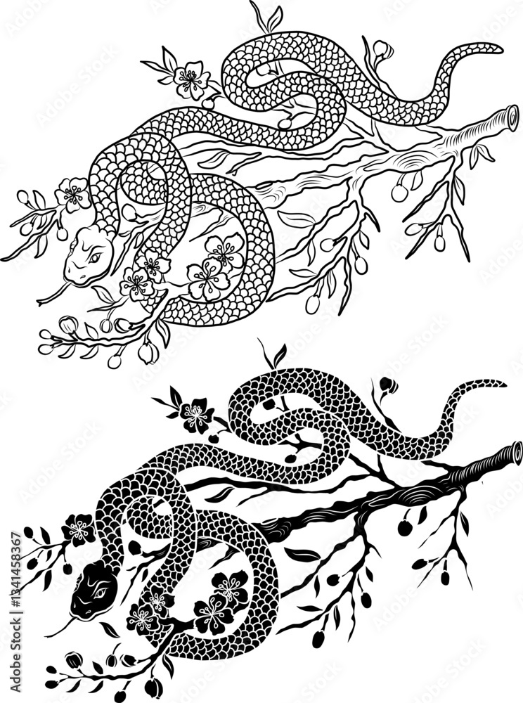 red snake vector and Cherry flower spring season vector illustration background.Poster design Red snake Reptile and Sakura flower for printing and tattoo. red snake vector and Cherry flower spring season vector illustration background.Poster design Red snake Reptile and Sakura flower for printing and tattoo.