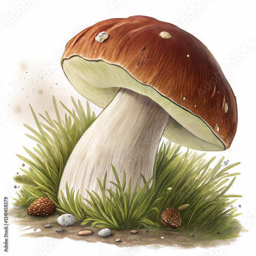 Illustration of porcini boletus edulis mushroom surrounded by grass and small stones in a whimsical style